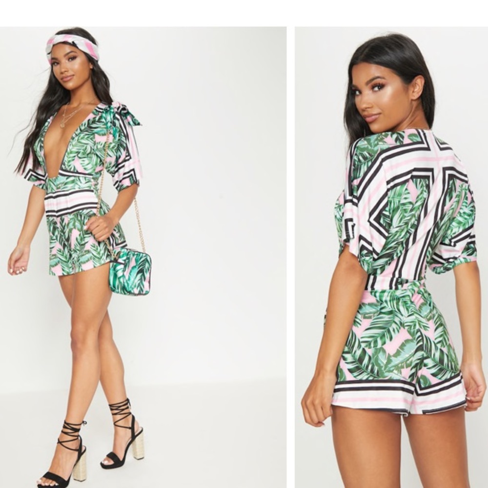 Pink Slinky Palm Plunge Kimono Playsuit